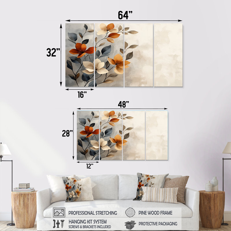 Fleurs de cerisier botanique orange gris II - ensemble de reproductions d'art mural cerisier en fleurs, H 32 po x l 64 po