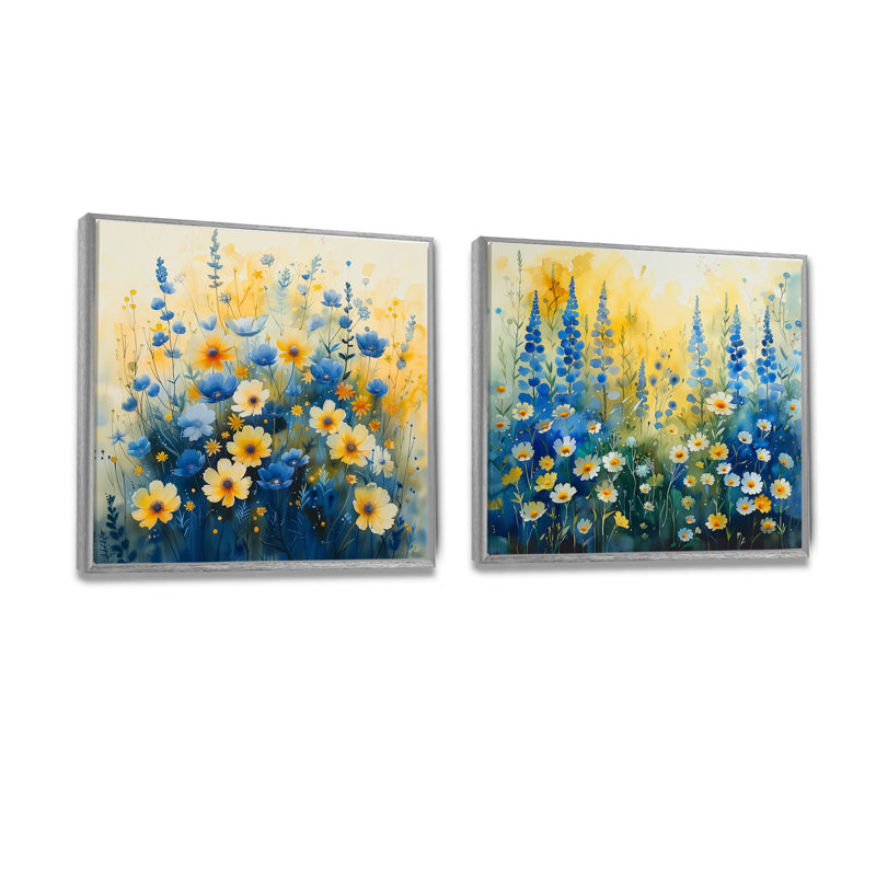Jardin jaune et bleu, «Daisy S I» - art mural traditionnel - ensemble de 2 décorations murales traditionnelles, Argent argent
