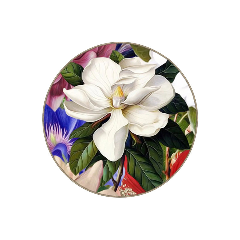 Multicolored Magnolia Detailed Woven Base Modern Decorative Carpet, Round 4'
