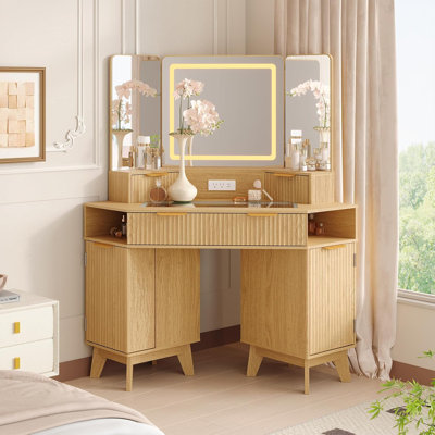 48" Corner Fluted  Makeup Vanity Desk w/ 3-Panel Lighted Mirror & Charging Station - Fluted Glass Top Makeup Desk w/Drawers for Bedroom