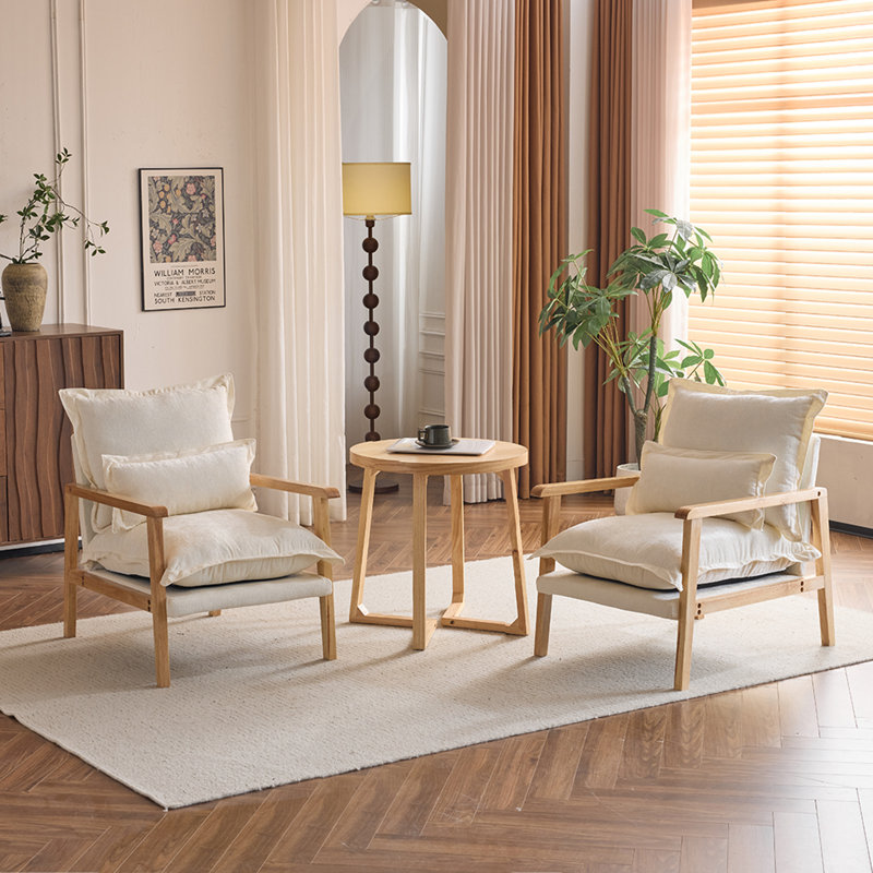 2Pcs Chenille Accent Chair Armchair With Pillow, Beige
