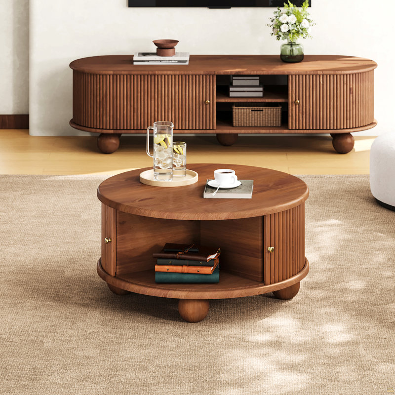 Table basse ronde cannelée avec rangement, bois de pin massif, porte coulissante