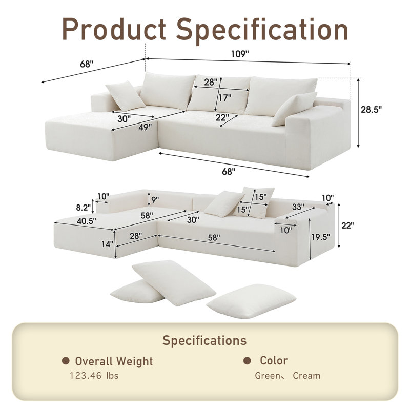 Canapé modulaire en tissu chenille 4 places, Chenille crème