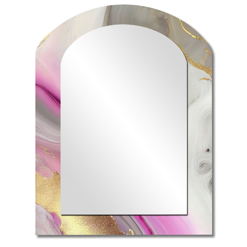 Abstrait de marbre rose et doré II - miroir asymétrique en marbre, miroir mural unique arche rose, impression d'art en métal