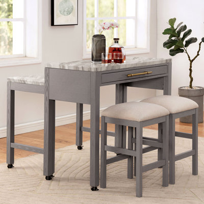 Table de salle à manger rectangulaire en faux marbre avec table, 2 tabourets, tiroir, bois massif, bois beige, rangement gris