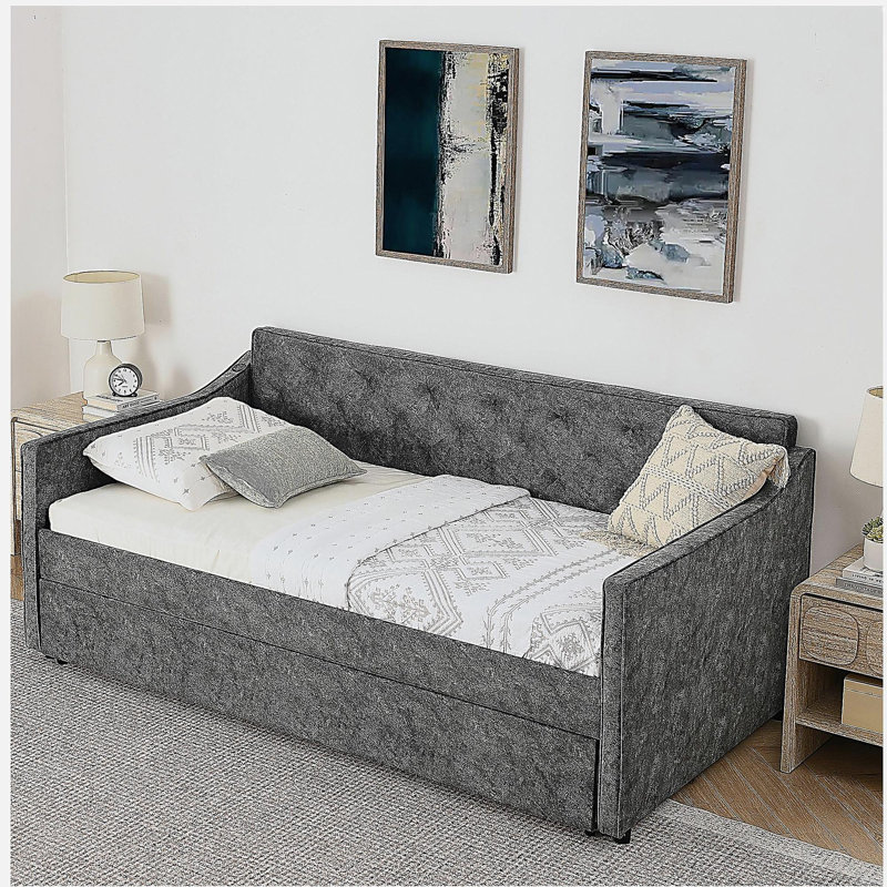 Lit de jour simple rembourré avec lit gigogne escamotable simple et conception de chargement USB, Gris