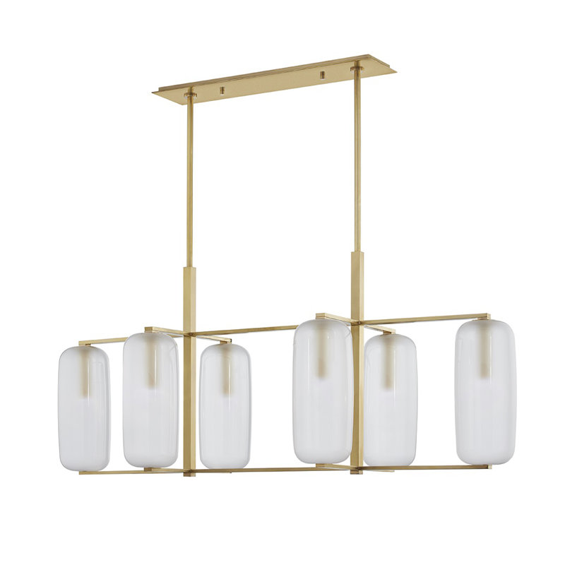 Aged Brass Capsule-Shaped 6-Light Chandelier with Etched Glass