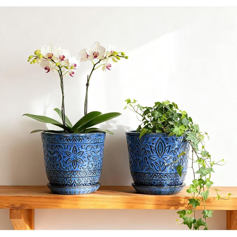 6 Inch Blue-a Beaded Ceramic Planter Set Of 2