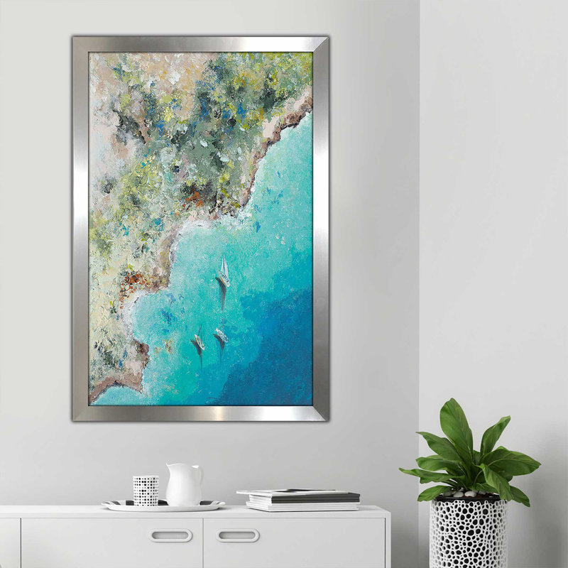 «Playa Escondida From Above» par Patricia Pinto - Peinture, H 49,5 po x l 33,5 po x P 1 po, Encadrement argenté