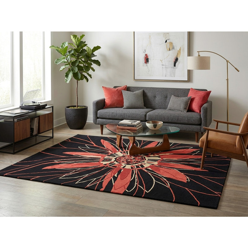 Tapis d'intérieur en laine brun, rouge et rose, tufté à la main avec un motif floral à médaillon., Noir / Rouge