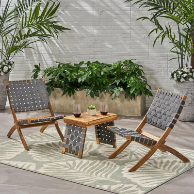 Huntsville Outdoor Foldable 2 Seater Acacia Wood Chat Set with Strapping Belt Accents, Brown and Gray