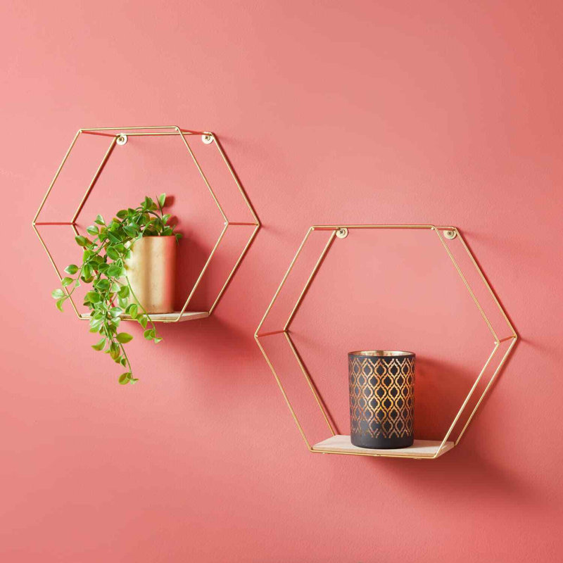 Brandais 2 Piece Hexagon Floating Shelf, Gold
