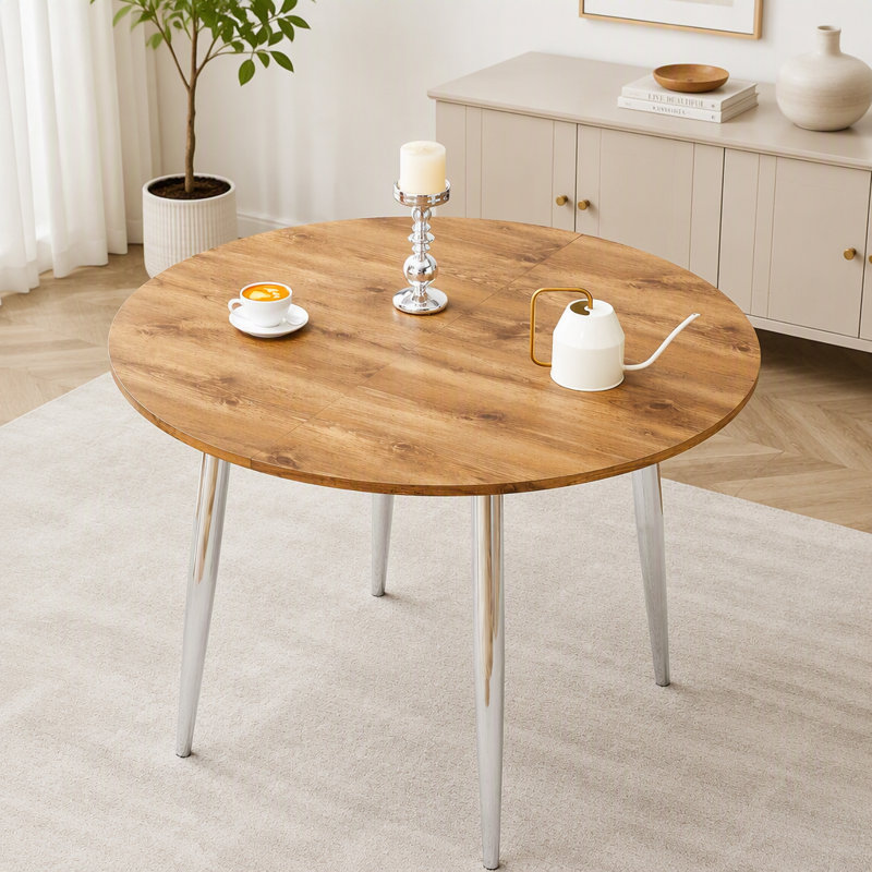 Table rétractable en MDF imitation bois avec pattes en métal argenté, gain de place et élégante pour une salle à manger moderne