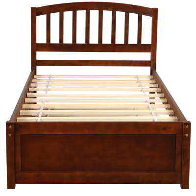 Walnut Twin Platform Bed With Hidden Trundle - Space Optimizing Wood Frame Size Comfortable And Airy Interior