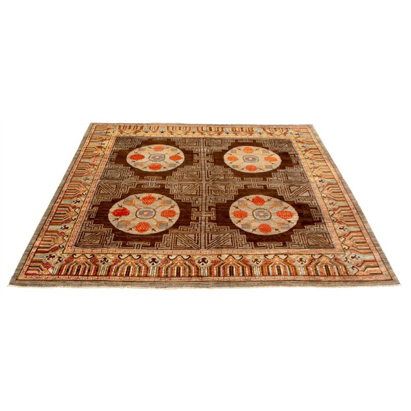 Tapis décoratif de laine carrée en brun de conception unique 8 pi 10 po noué à la main New Age