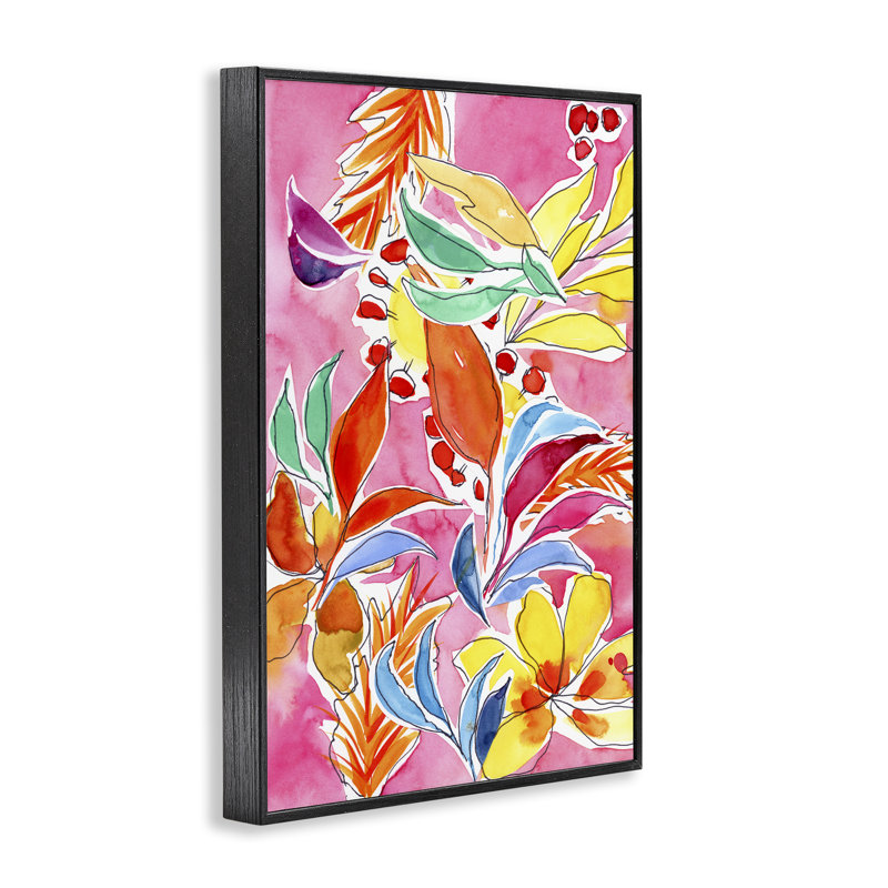 «Whimsical Leaves on Pink», art numérique par Victoria Barnes, Giclée encadrée noir minuit, H 30 po x l 20 po