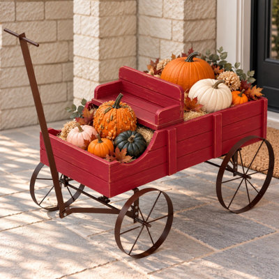 Homestead Rustic Wood Decorative Garden Wagon Planter with Metal Wheels