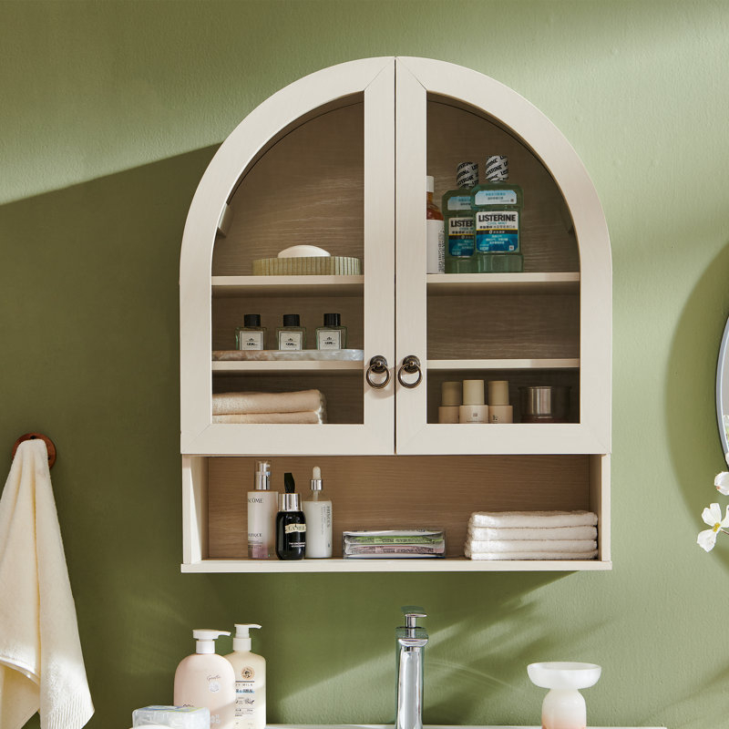  Armoire murale de salle de bain arquée Ahart avec 2 portes en verre et tablette ouverte de 23,6 po, Crème, 1