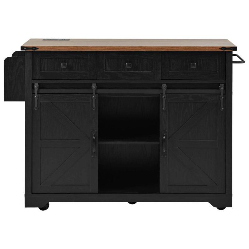 53.7 Inch Farmhouse Kitchen Island With Power Outlet, Sliding Barn Doors, And Drop Leaf For Enhanced Storage And Mobility
