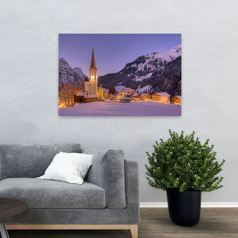 Cozy Winter Village Evening Peaceful Serene Abstract Landscape Mountain Wall Art Print 1 Piece Wrapped Canvas Wall Art