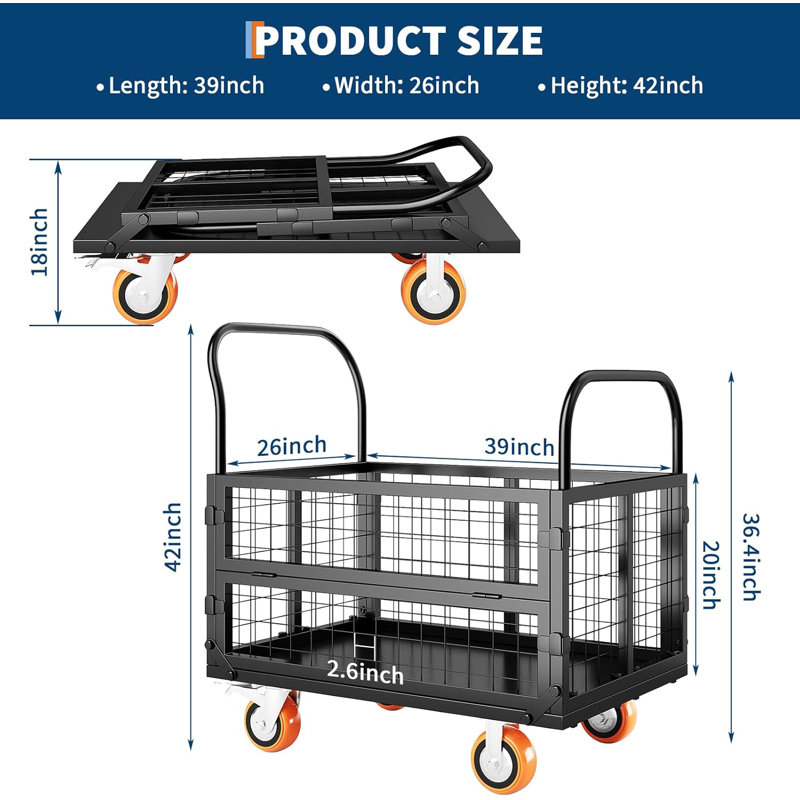 6-in-1 Foldable Platform Truck Cart,1800lbs Heavy Duty Push Cart Dolly Capacity Flatbed Hand Truck Dolly Cart Multipurpose for Grocery, Laundry, Garage