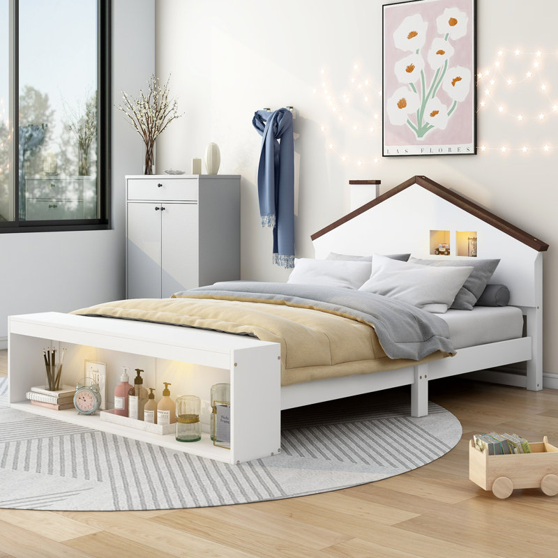Lit plateforme double avec lumières DEL et rangement, blanc