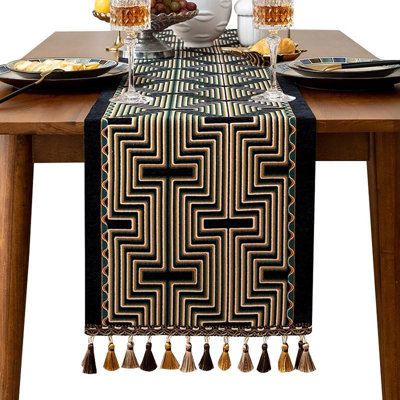 Table Runner - Black With Gold, White & Green Stripes - Retro Luxury Design With Tassels For Dining, Coffee, Dressing Table, And Holiday Party Decor