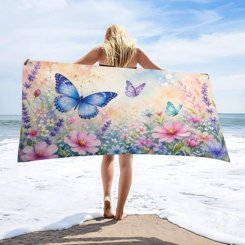 Serviette de plage surdimensionnée « Prairie printanière avec papillons », douce et absorbante, idéale pour la plage, la piscine, la salle de bain, les voyages, le gymnase et le camping, 152 x 203 cm (60 x 80 pouces).