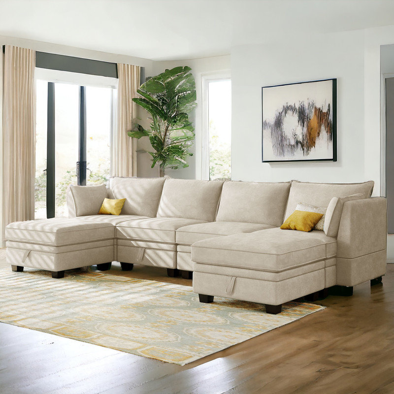 Wide Reversible Modular Sofa & Chaise with Ottoman, Light Green Linen Blend