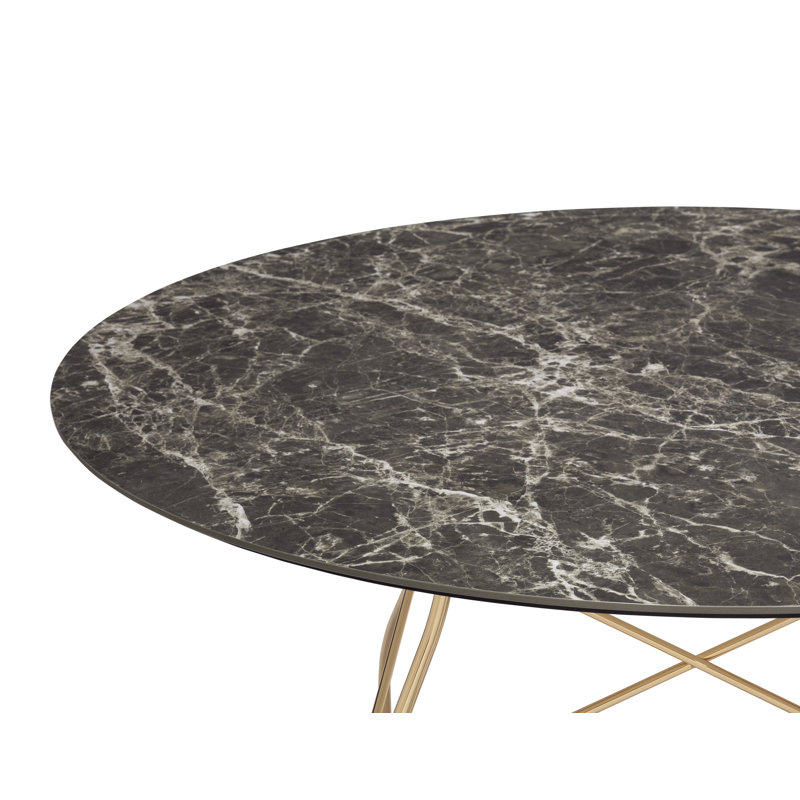 Glossy Round Dining Table, Black Marble, Gold, 50.39" W x 50.39" L