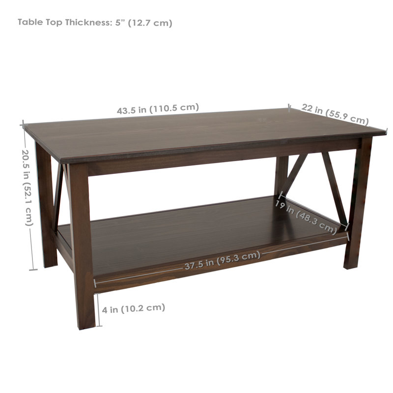 Table basse rectangulaire en bois de pin massif avec tablette de rangement - brun foncé