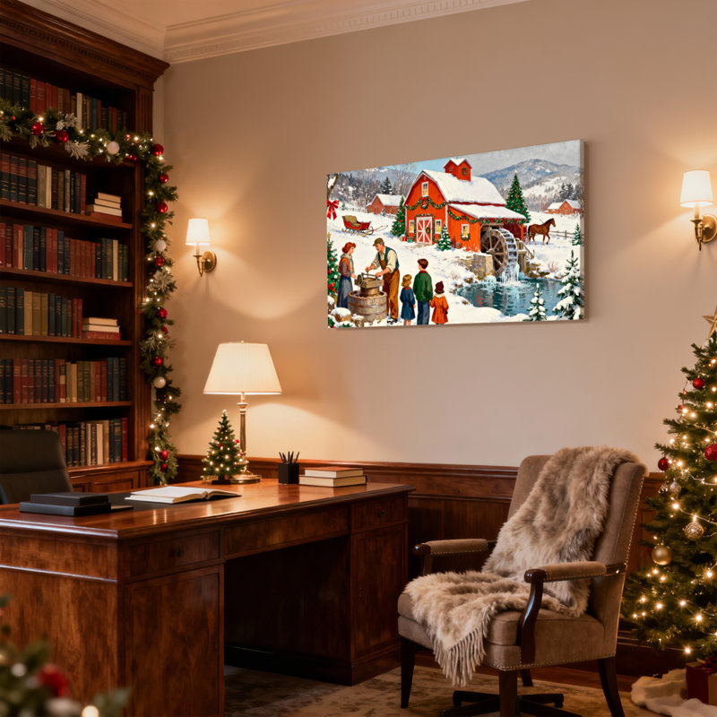 Scène de Noël d'hiver avec moulin rouge et famille, ensemble de 3 impressions sur toile, H 12 po x l 18 po
