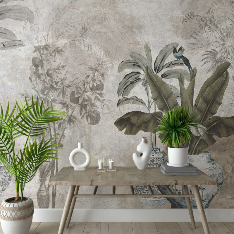 Papier peint botanique tropical rétro avec feuilles de bananier, oiseaux et fond de béton texturé