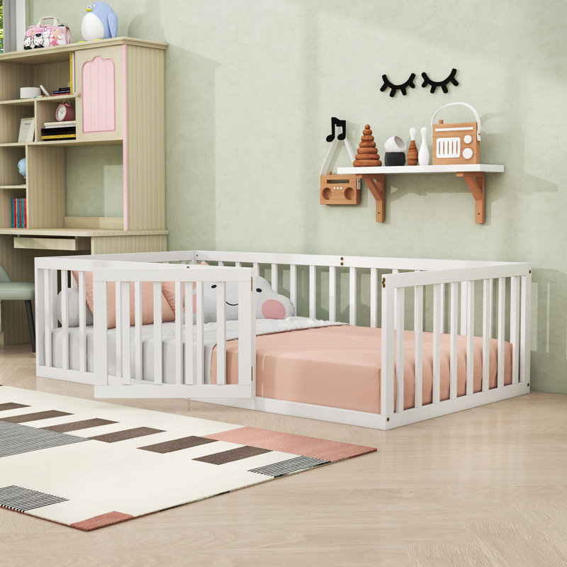 Wooden Floor Bed With Guardrails And Door, White