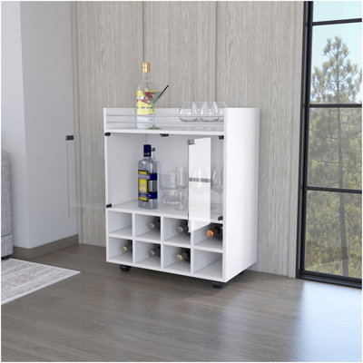 Minneapolis Bar Cart With Integrated 8-Bottle Rack, Glass Encased Cabinet And Aluminum Bar Top by Latitude Run