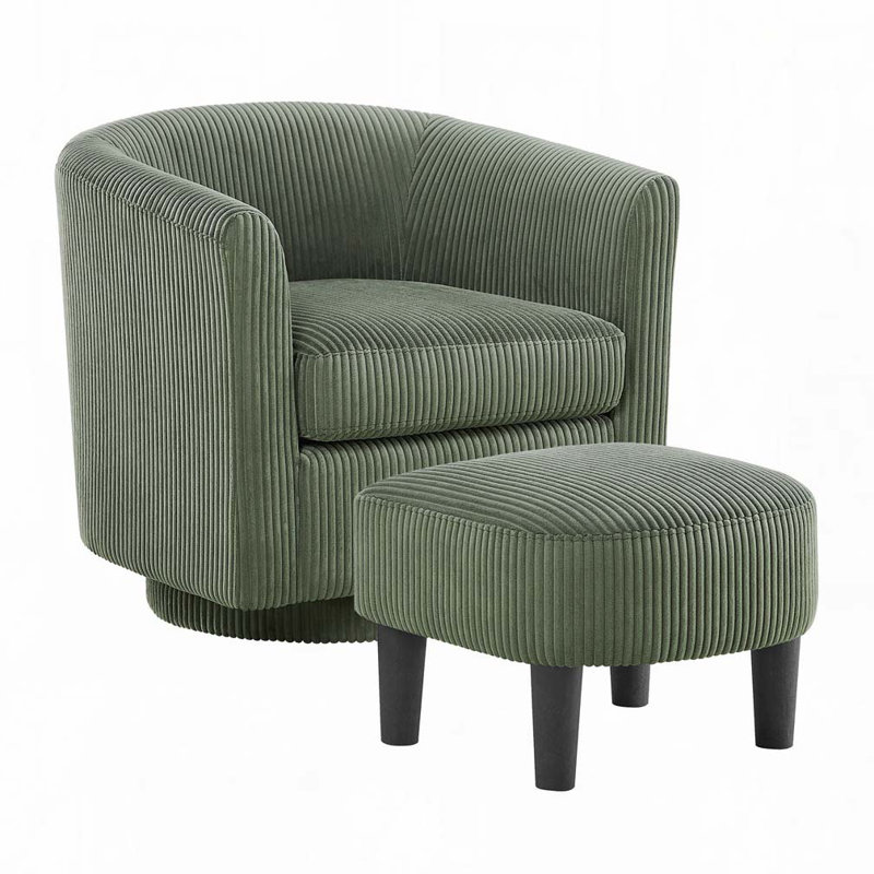 Upholstered Chair With Ottoman, Green Corduroy