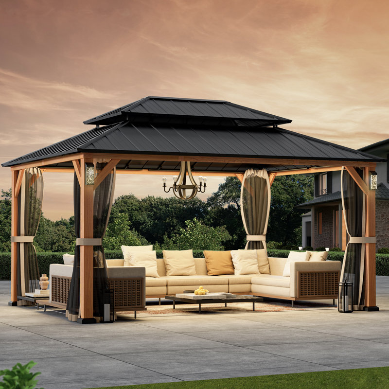 Horizon 12 ft. x 16 ft. Hard Top Gazebo With Solar Self Powered LED Lights, Mosquito Netting and Canopy Hook, Wood Grain