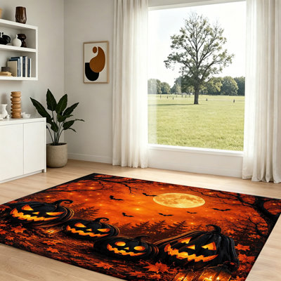 Tapis d'Halloween à motif de chauve-souris à motif de lune chauve-souris Halloween, tapis lavable antidérapant pour salon, chambre à coucher, entrée, décoration
