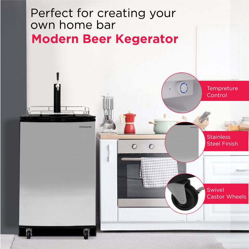 Frigidaire 6.1 Cu Ft Stainless Steel Kegerator Beer Bar, CO₂ Tank, Scratch-Resistant Worktop, Quick-Connect Coupler