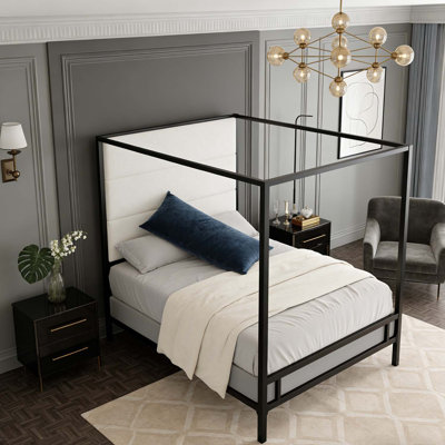 Canopy Bed With Tall Upholstered Headboard,Sturdy Metal Frame,And Elegant Design