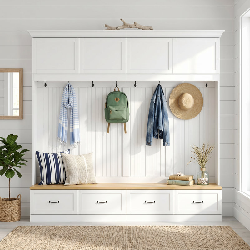 Large Hall Tree With 2 Cabinets, 8 Hooks & Bench – Entryway Storage