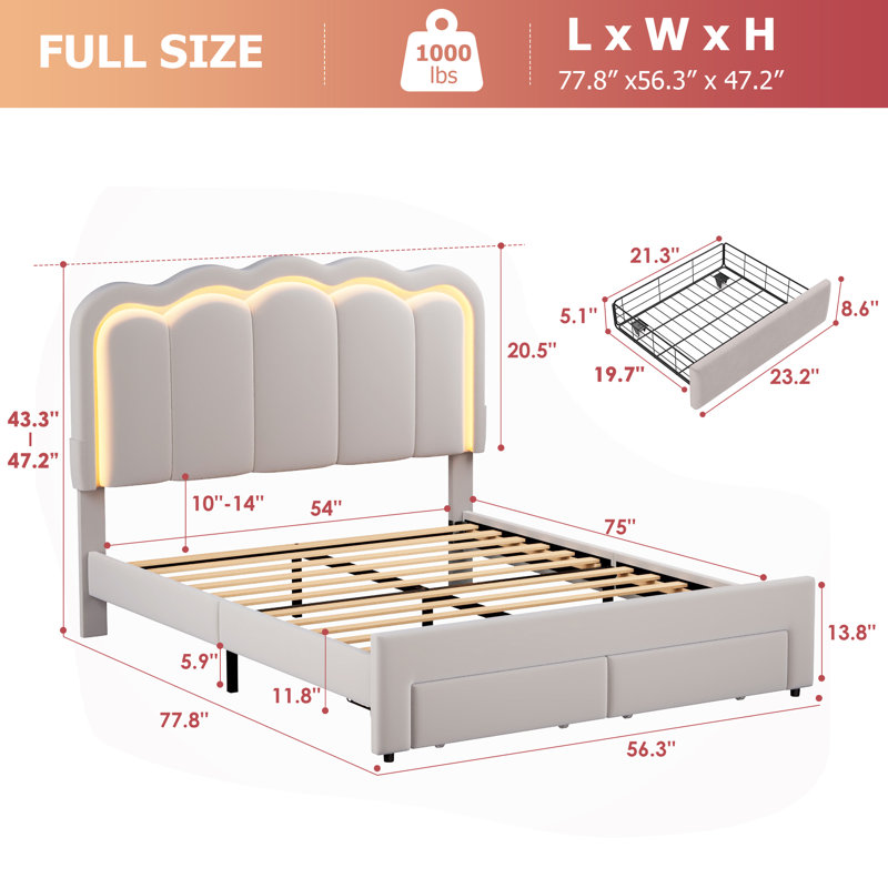 Daphne Upholstered LED Bed Frame With Drawer & Adjustable Headboard, Kids Beds, Full, Gray