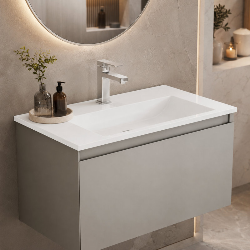 Meuble-lavabo mural 32 po avec tiroirs à fermeture en douceur et lavabo en porcelaine