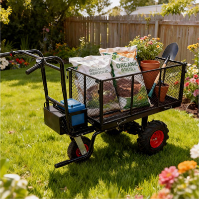 Electric Transportation Cart, 24v Dc 700w Motor Powered Utility Garden Wagon Dump Cart, 660 Lbs Load Capacity With Metal Handle & 13" Track Wheels, Yard Cart & Wagons For Lawn. Black Color
