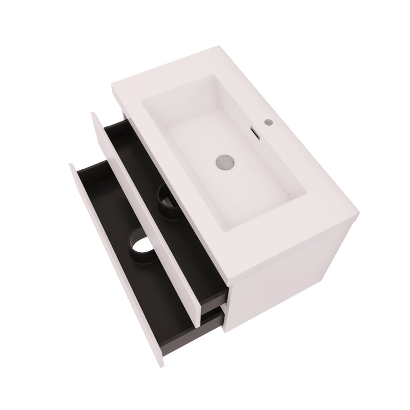 Meuble-lavabo mural simple avec plateau en résine, Blanc lustré, 36"