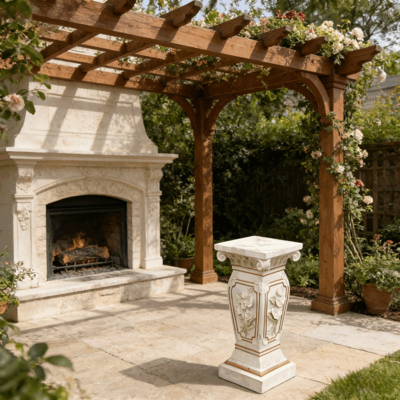 Piédestal sculpté de style européen | Colonne en résine résistante aux intempéries avec reliefs floraux pour le jardin ou le salon