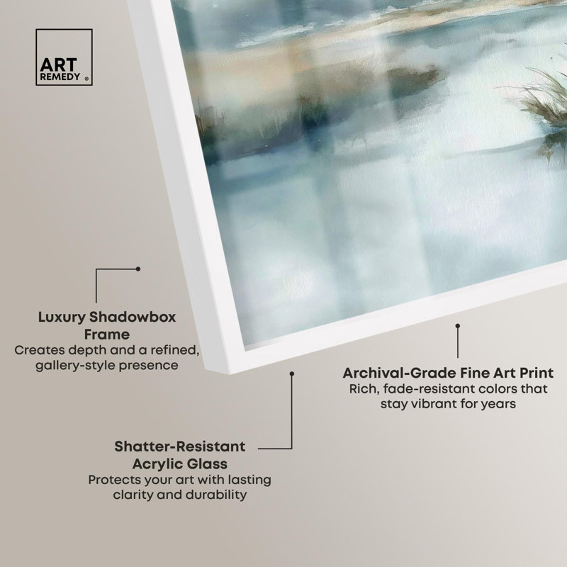 «Hazy River I Landscape Art Shadowbox Print» par Art Remedy, H 11 po x l 16 po, Blanc