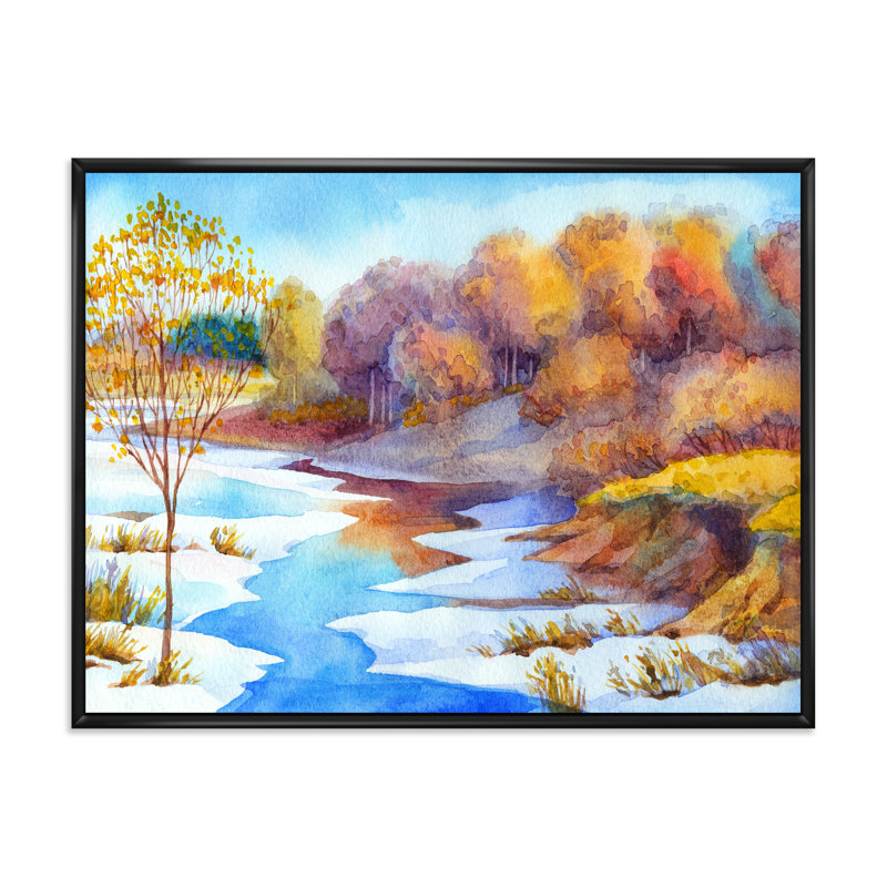 Stream in Winter Forest Valley - Peinture sur toile, H 12 po x l 20 po x p 1 po, Toile avec cadre noir