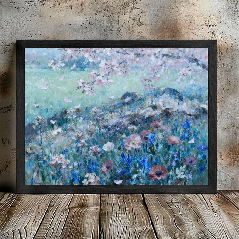 Art mural noir avec champ de fleurs sauvages impressionnistes - décorations paysagères encadrées, H 11 po x l 9 po