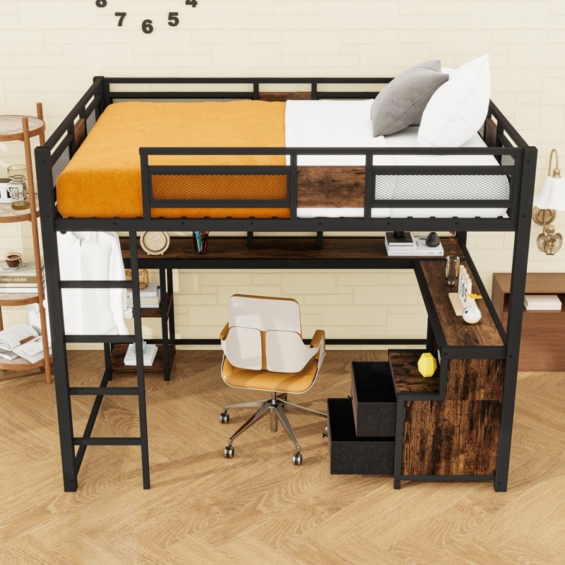 Queen 2 Drawers Metal Loft Bed With Built-In-Desk And Storage